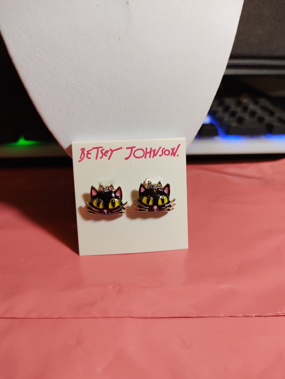 Betsey Johnson Black Cat Stud Earrings - Black & Pink
